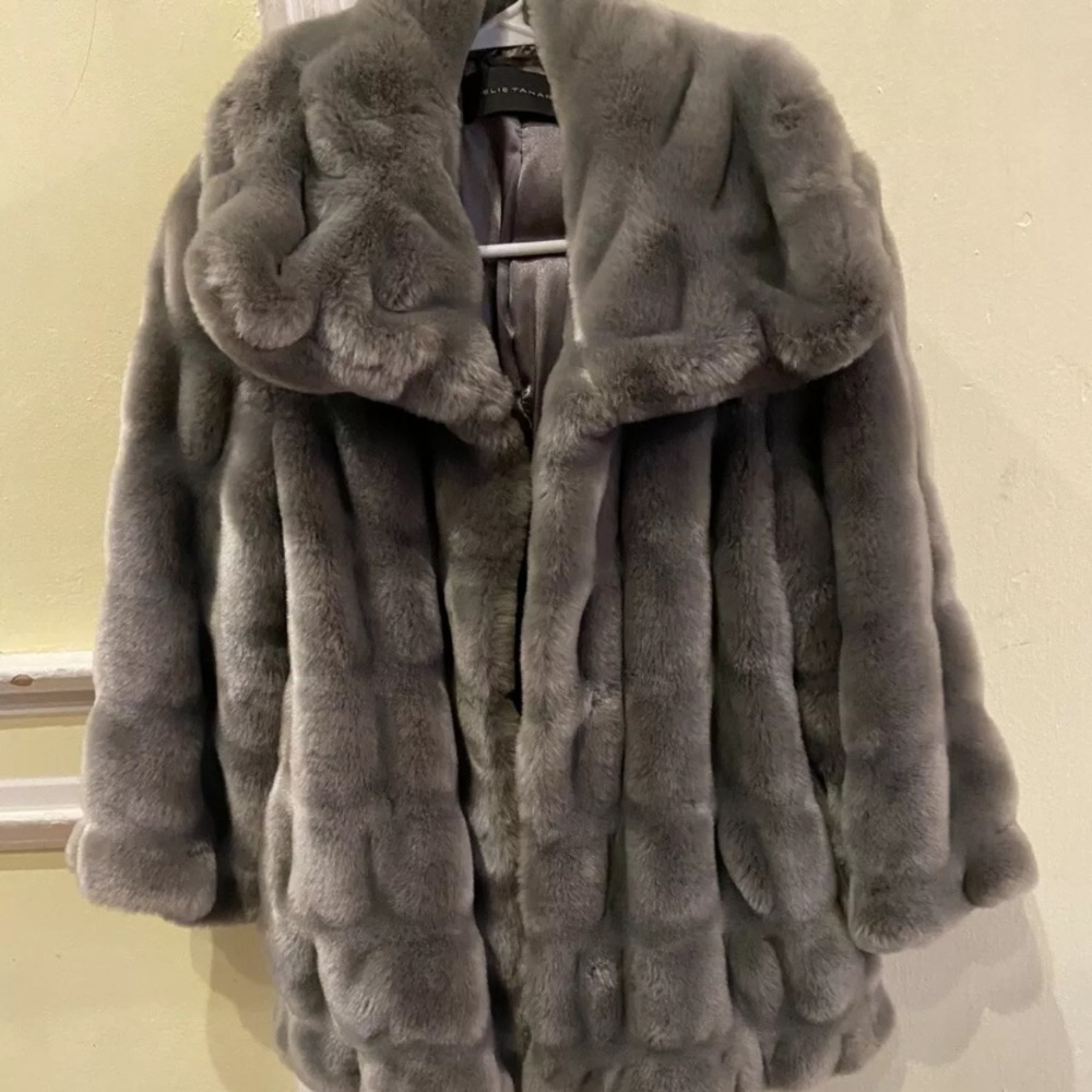 Elie Tahari grey faux fur jacket.